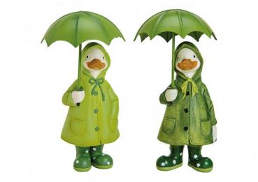 Ente mit Metall Regenschirm aus Poly Grün 2 Varianten,  15 cm