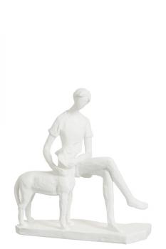 Figur Mann mit Hund, Poly, weiß, 25 cm