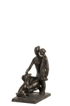 Figur Mutter kniend mit Tochter und Hund, dunkelbraun, Poly, 21 cm